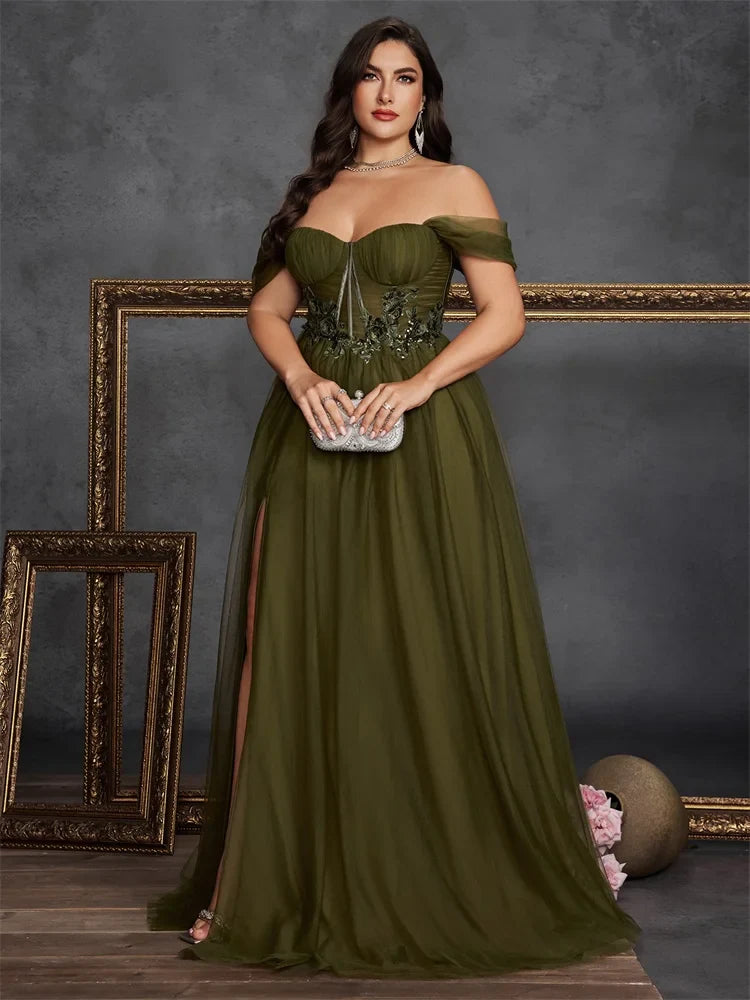 Plus Size Elegant Sleeveless Tulle Slit Evening Dresses Luxury off-the-shoulder Formal Bridesmaid Party Maxi Gowns
