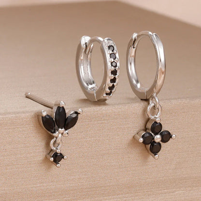 3PCS Fashion Orange Blue Zircon Hanging Earrings Set for Women Stainless Steel Flower Dangle Earring Piercing Jewelry