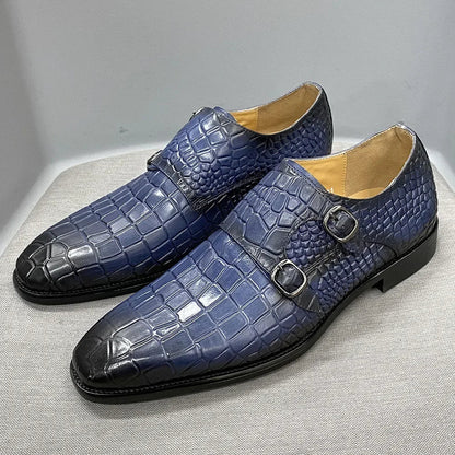 Men's Luxury Italian Real Leather Pointed Toe Double Buckle Formal Business Black Shoes Alligator Print for Business Casual Wear