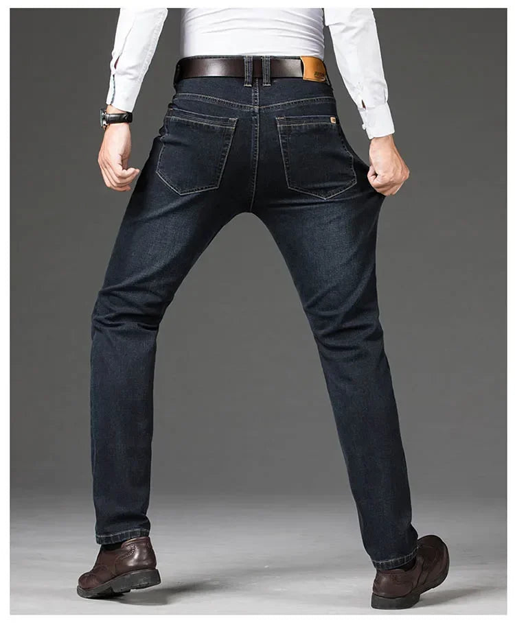 Tamanhos Grandes 40 42 44 46 2025 Nova Calça Casual Social Elástica Calça Jeans Azul Clássico Masculina Calça Jeans Solta Reta Masculina