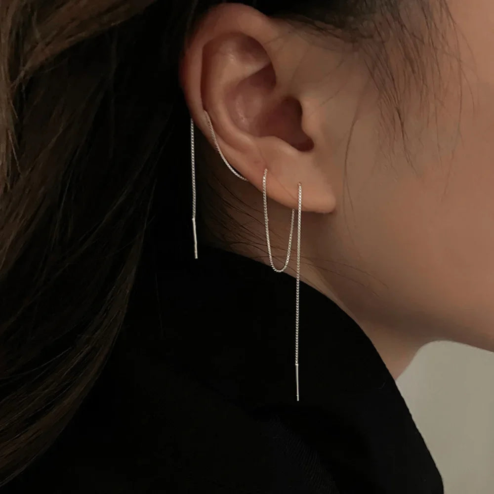 Retro Classic Long Tassel Ear Line Drop Dangle Earring for Women Charm Silver Color Stainless Steel Chain Hanging Earing Jewelry