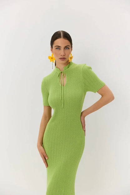 Long Dress Female Short Sleeve Slim Hollow Retro Elegant Sweater Dress 2025 Summer High Waist Woman Dress