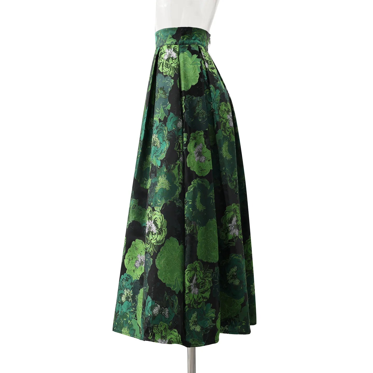 High Quality Elegant Lady Hepburn Style Mid-long Puff Skirt All-match Spring Autumn High Waist Green Jacquard Women A-line Skirt