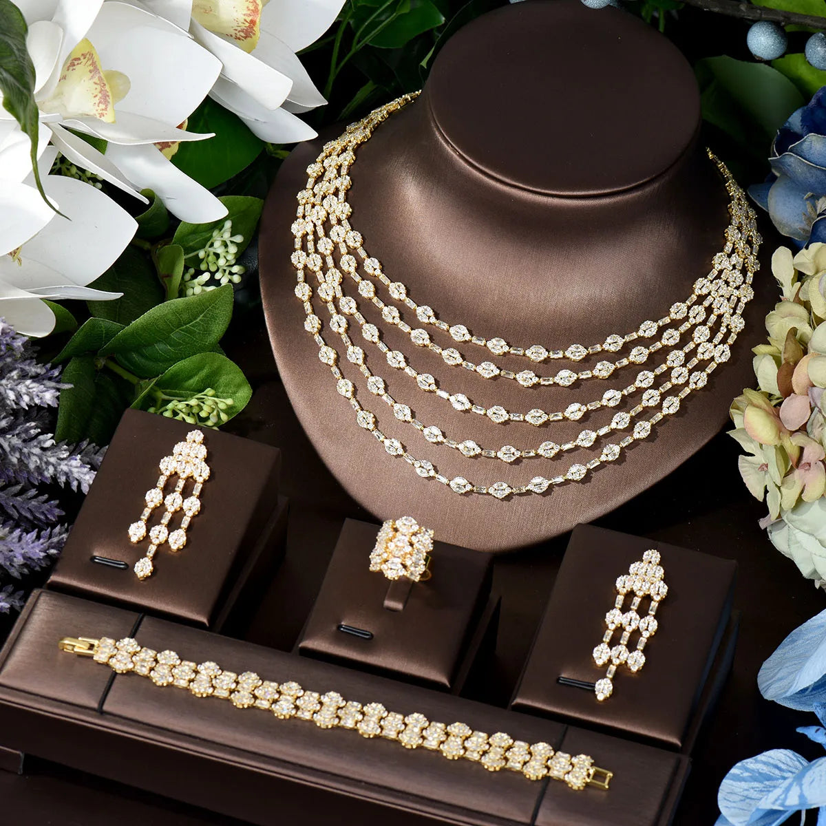 Elegant Five Layers Long Tassel Cubic Zirconia Ladies Costume Jewelry Sets Dangle Drop Earrings Pendant Necklace N-283