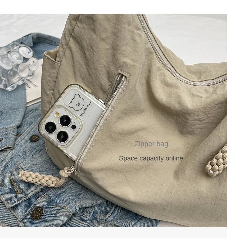 Summer Women Solid Color Shoulder Bag Fashion Lightweight Versatile Travel Crossbody Bag Commuter Nylon Large Capacity Hobo Bag