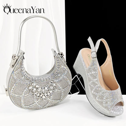 African Shoe and Bag Set for Wedding Women Shoes and Bag To Match Set with Rhinestone Italy Pumps Women Shoes Luxury