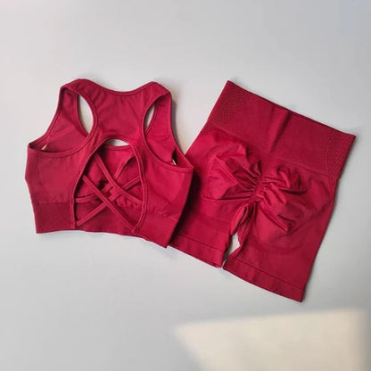 Women's yoga exercise set, paired with cross gathered back and high waisted hip lifting sports shorts