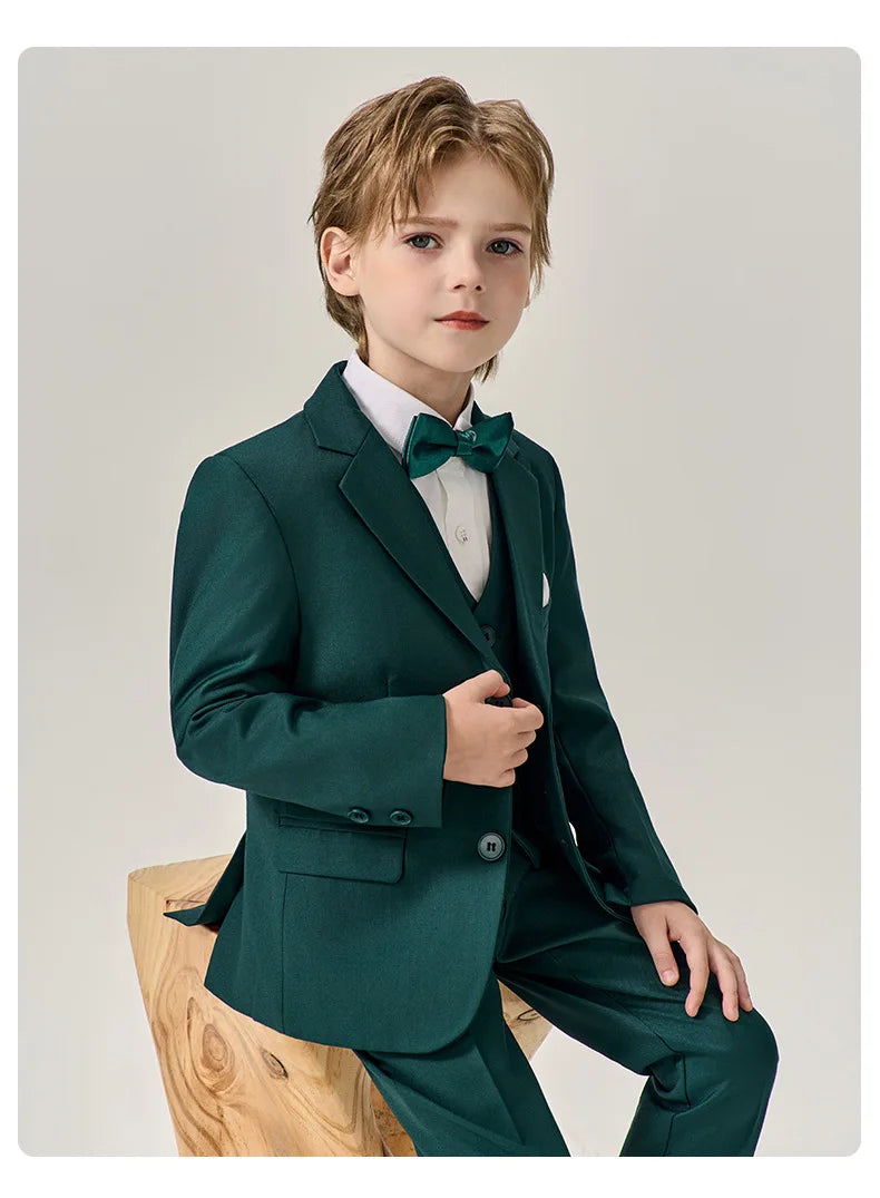 Boys Dark Green Jakcet Vest Pants Bowtie Evening Party Dress Children Wedding Photograph Suit Kids Ceremony Performance Costume