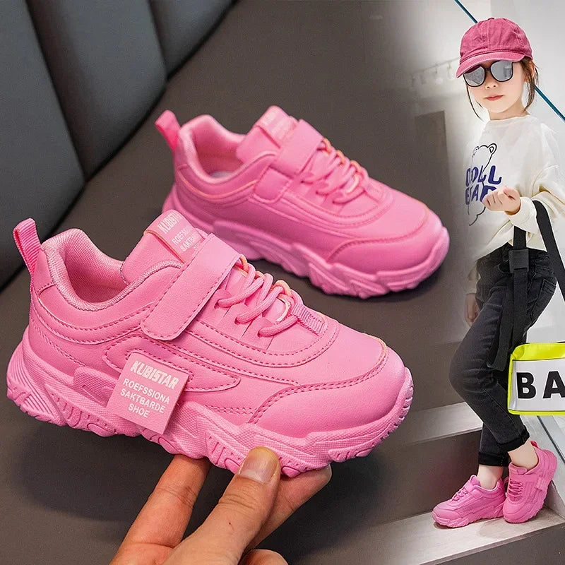 Spring New Kids Sneakers 2025 PU Girls Casual Mesh Solid Pink Light Boys White Hook & Loop Children Non-slip Sports Shoes