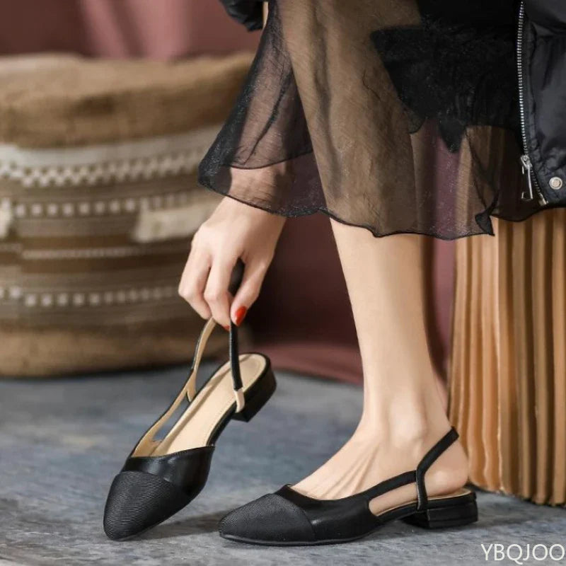 Summer Fashion Color Blocked Flat Bottom Coarse Heel Women's Sandals New Small Fragrant Style Shallow Mouth Low Tailored Shoes