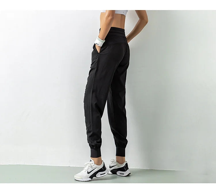 Fabric Drawstring Running Sport Joggers Women Quick Dry Athletic Gym Fitness Sweatpants with Two Side Pockets Exercise Pants