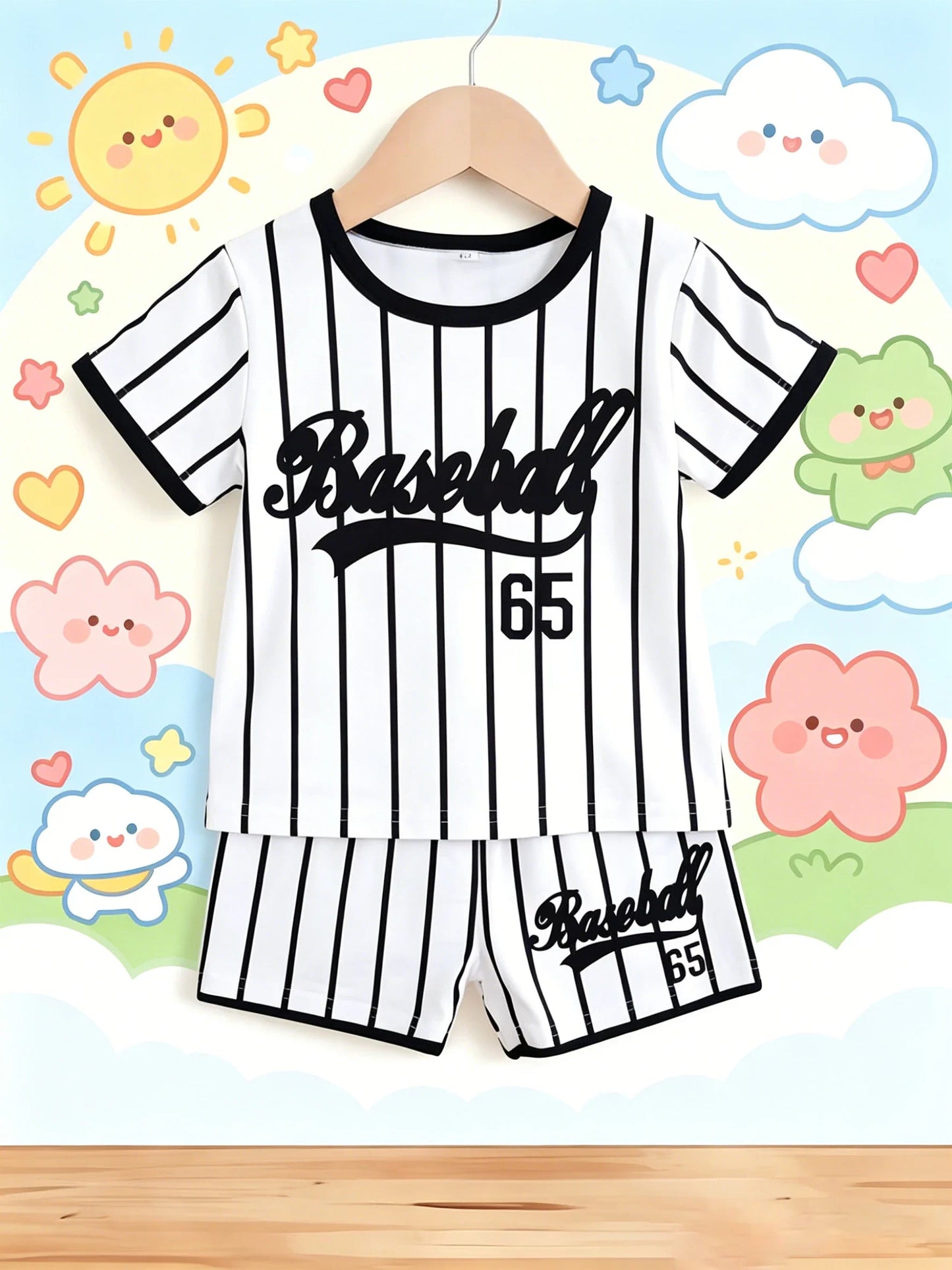 Summer New Arrival Boys Black White Color Block Baseball Style Stripe Short Sleeve Shorts Set