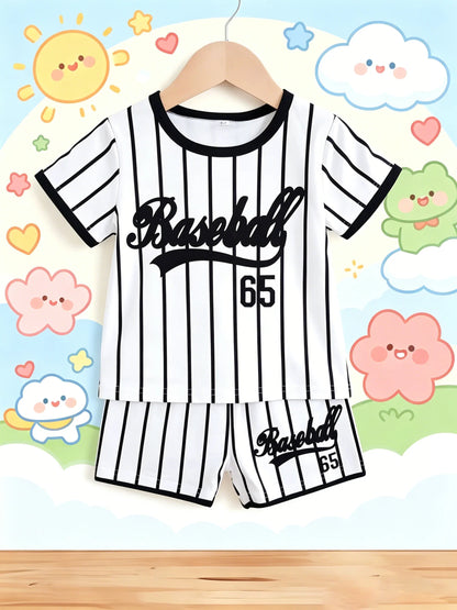 Summer New Arrival Boys Black White Color Block Baseball Style Stripe Short Sleeve Shorts Set