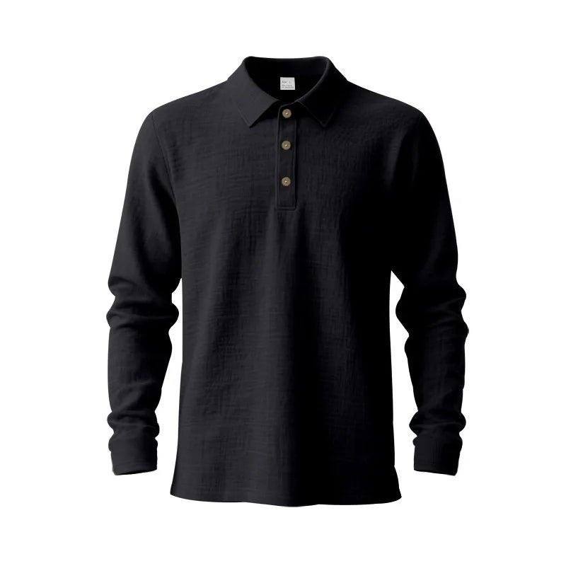 Linen shirt stand-up collar button-down men's loose casual breathable V-neck long-sleeved polo shirt