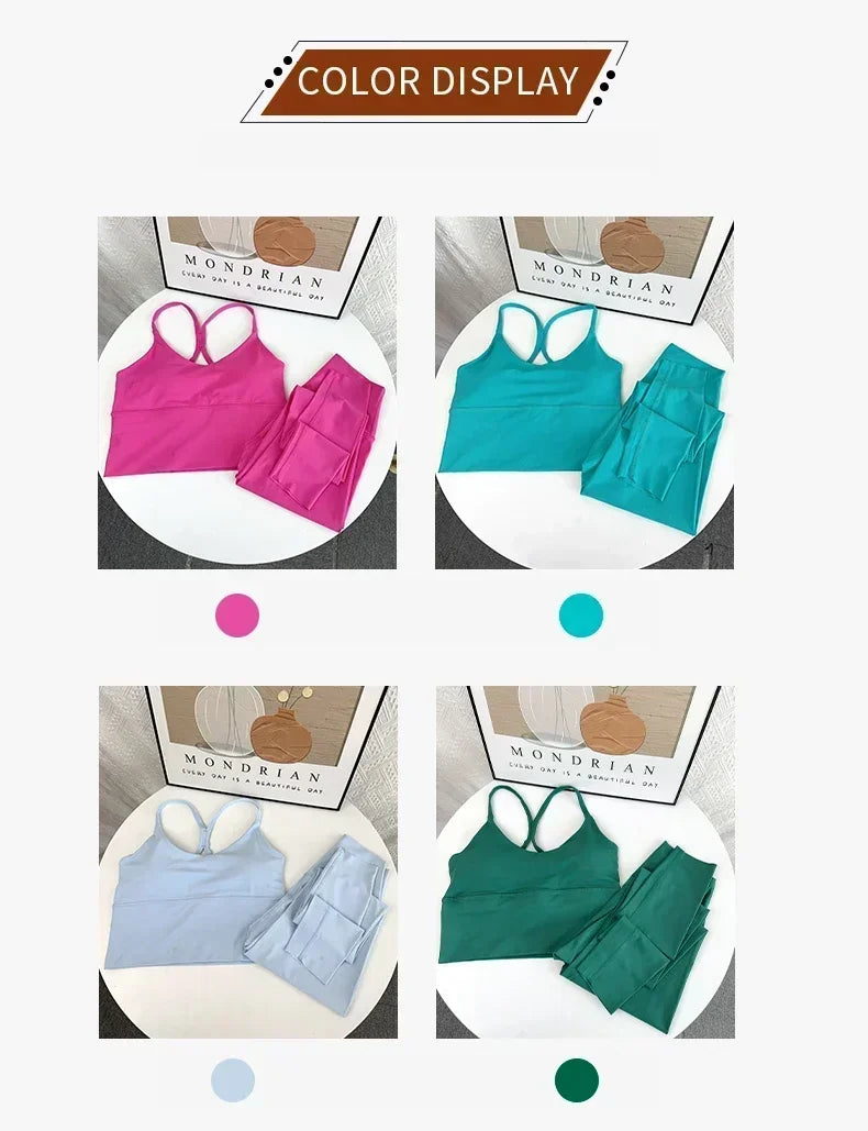 2 Piece Yoga Set Sportswear Fitness Suits Sexy Cross back Yoga Tops Elasticity High Waist Leggings Running Sports Clothing