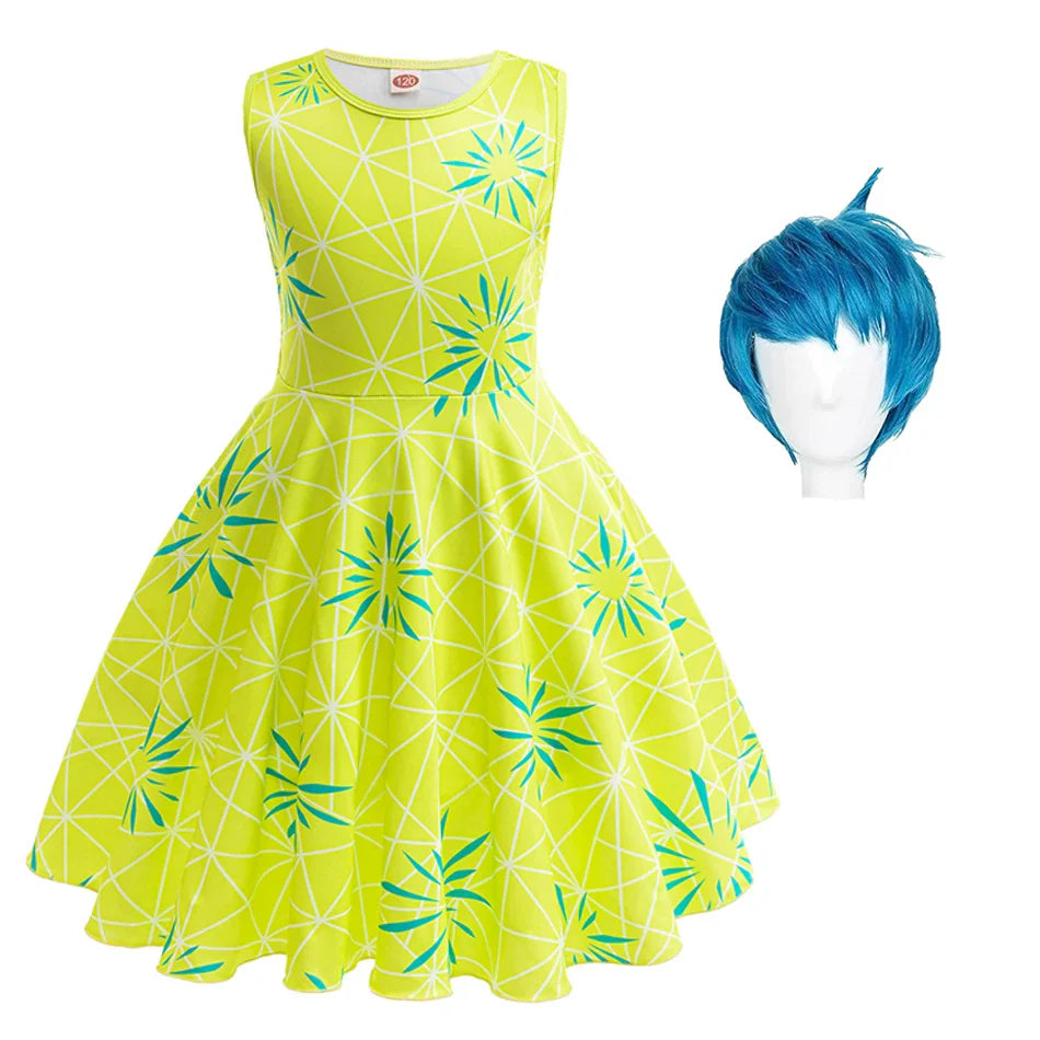 Girl Joy Inside Cosplay Out Dress Children Birthday Gift Kid Carnival Theme Party Vestido Cartoon Outfit Print Role Play Apparel