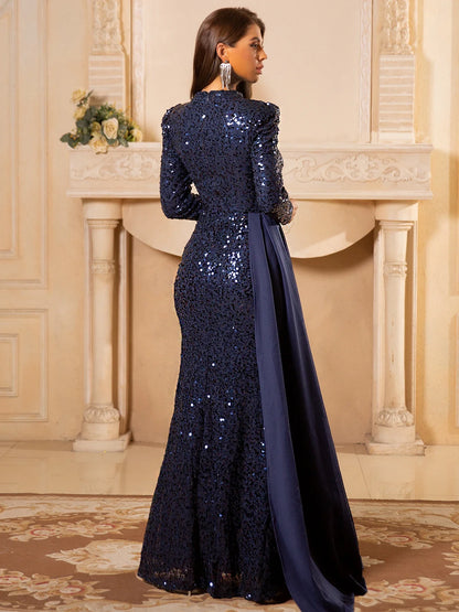 Full Sleeved Navy Sequined Evening Gown Side Ribbon Stand Collar Formal Dresses for Women