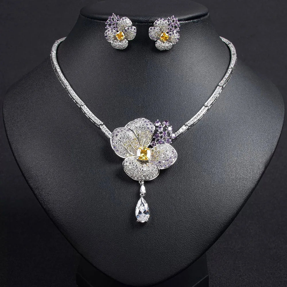 Cubic Zircon Crystal White Flower Women Choker Necklace and Earrings Bridal Jewelry Set for Wedding Dress Accessories S-338