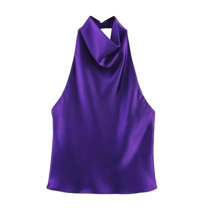 Sexy Chic Butter Yellow Satin Tops Women Halter Backless Beach Holiday Party Top Fashion 2025 New Year Evening Satin Top