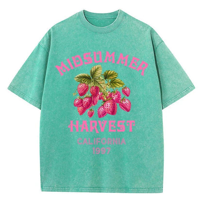 Men's Cotton T-shirt California Strawberry Printed Washed T-shirt Comfortable Round Neck Top Men's Summer Clothing