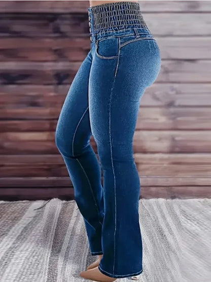 Womens High Waist Elastic Buttons Denim Long Flare Pants