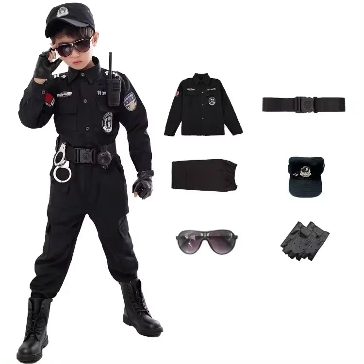 Children Halloween Policeman Cosplay Costumes Kids Carnival Police Uniform 110-160cm Boys Army Policemen Soldier 7 Pcs/Sets