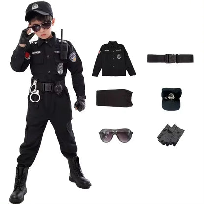 Children Halloween Policeman Cosplay Costumes Kids Carnival Police Uniform 110-160cm Boys Army Policemen Soldier 7 Pcs/Sets