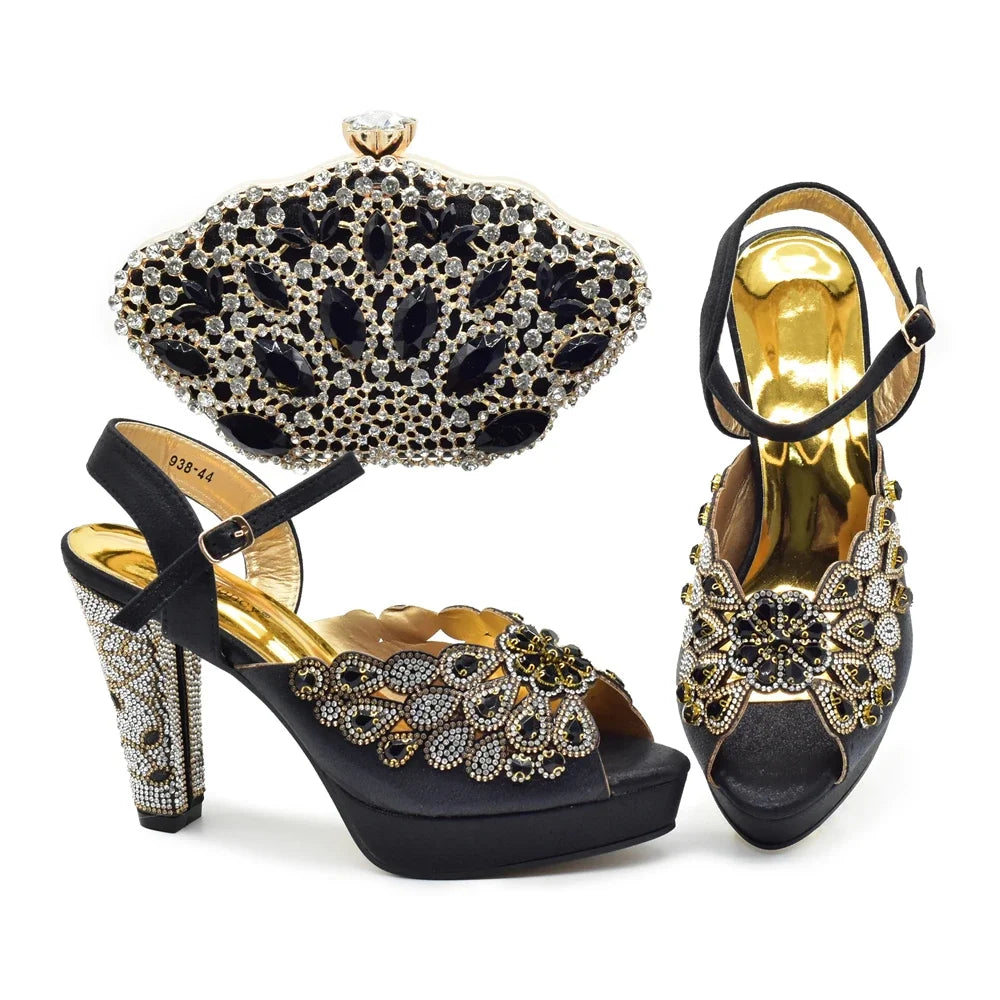 New Arrival Italian Party Shoes and Bag Set Decorated with Rhinestone African Women Wedding Shoes Bride Plus Size Women Shoes 43