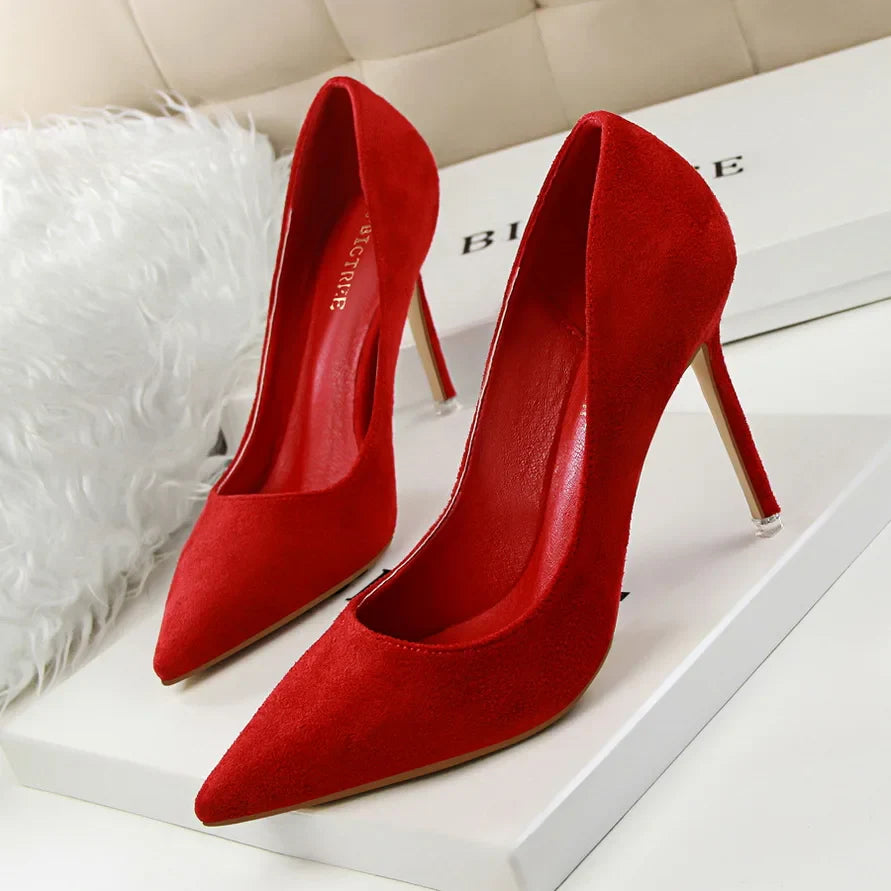 Women 9cm High Heels Yellow Burgundy Pumps Plus Size Stripper Suede Escarpins Lady Wedding Bridal Scarpins Green Blue Prom Shoes