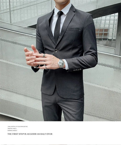 Solid Color Suit Men's Fashionable Gentleman Business Banquet Korean-style Formal Dress Casual Wedding (Blazer+Vest+Trousers)