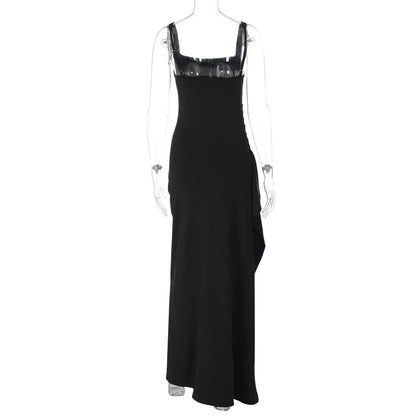 Women Elegant Solid Straps Slit Ruched Patchwork Sexy Bodycon Maxi Dress Summer Outfits Evening Party Birthday Festival