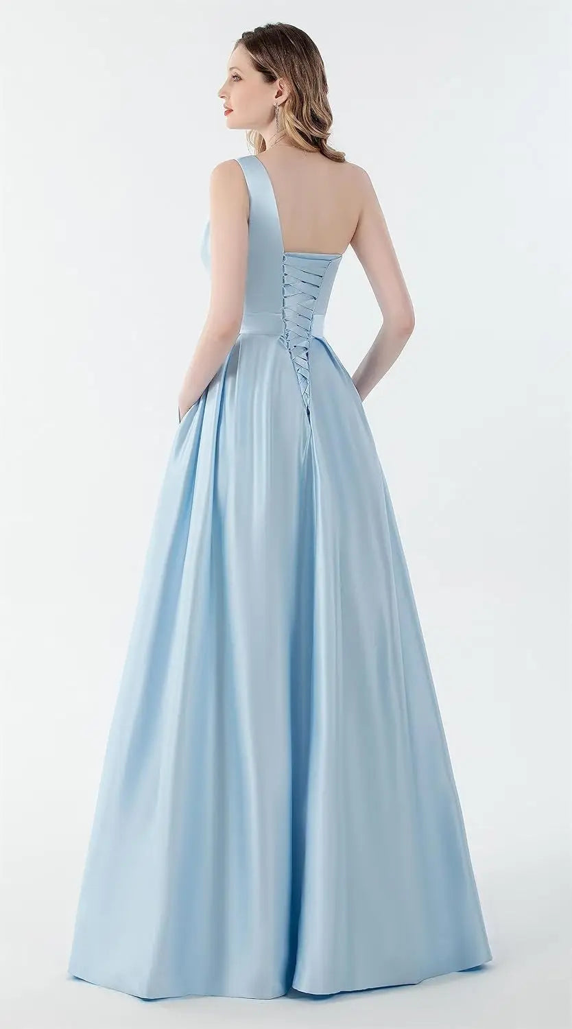 Women's One Shoulder Prom Dresses with Pocket High Slit Pleated Satin Corset Formal Gowns Evening Dress A Line Bridesmaid Gown