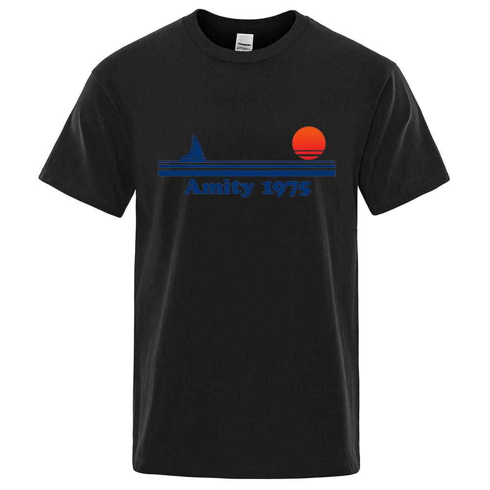 Amity 1975 - Jaws Retro Print Tshirt Men Creativity Sweat Clothing Fashion Tee Clothes T Shirts Breathable Cotton T-Shirts Man