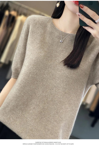100% pure wool T-shirt spring and summer new women's O-neck pullover short sleeve loose five-sleeve sweater high-end top