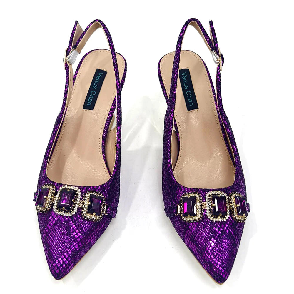 Rhinestone Pointed-Toe High Heels Shoes and Bags Set for Women Wedding and Party Elegant Luxury Fashion in Wine Color