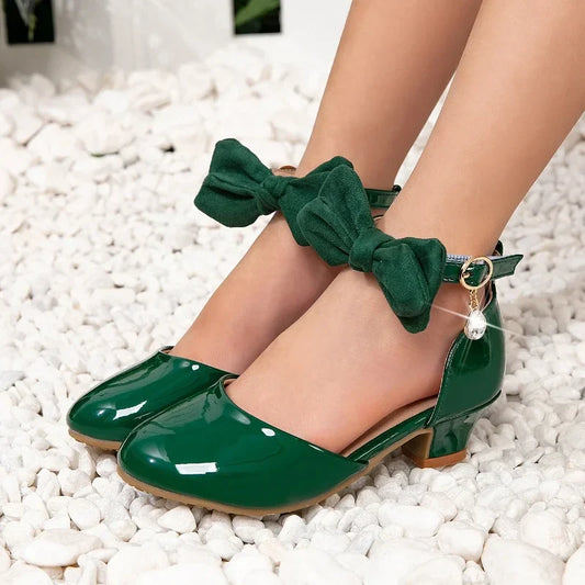 Fashion Girls Wedding Party Sandals for Dress Elegant Children Causal Princess High Heel Sandals Kids Leather Shoes with Bowknot