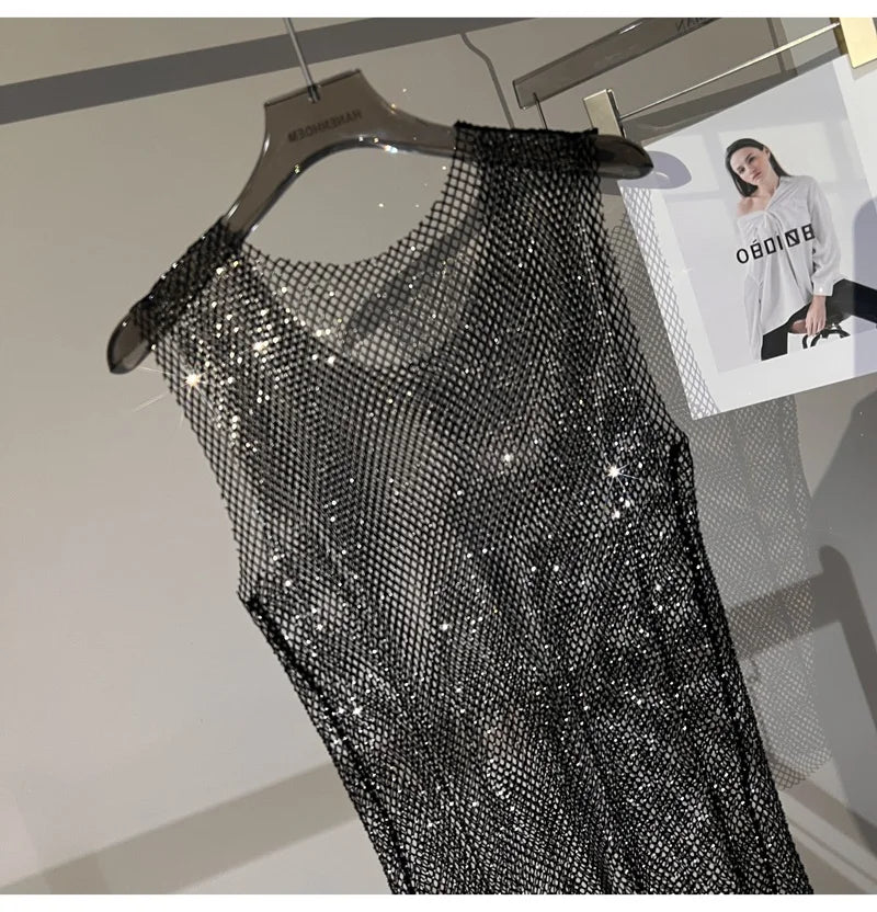 Women&Men Crystal  Rhinestones Shiny Sexy Y2K Tank Tops High Quality Party Club Sexy See Through Mesh Hollow Out Diamond shirt