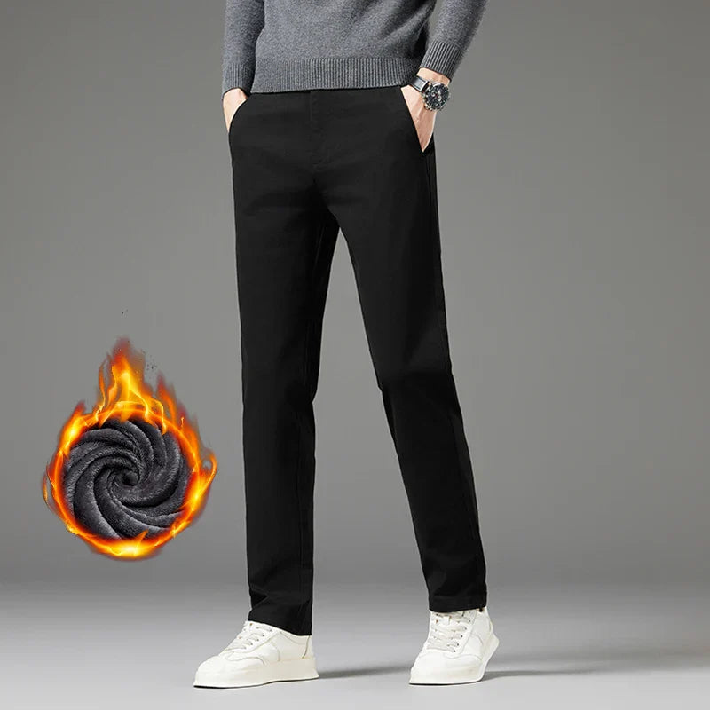 Winter Thickened Men's Velvet Casual Pants Fleece Warm Fashion Solid Color Straight Elastic Male Business Plush Pants