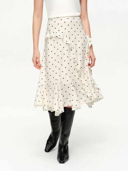 Irregular Ruffle Polka Dot Midi Skirt New Spring High-waisted A-line Skirt for Commuting Knee-length Trendy Korean Style