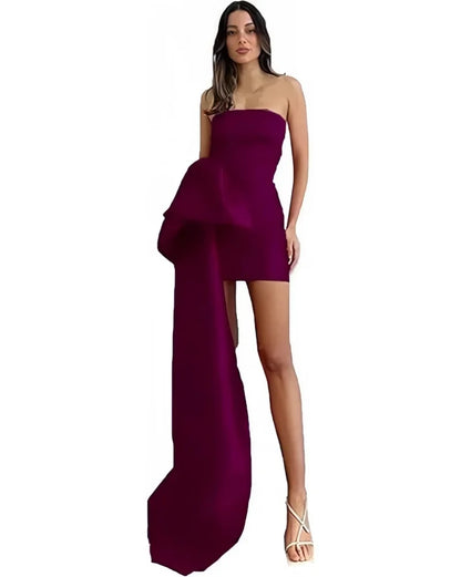 Satin Homecoming Dresses Short A Line Prom Dress Strapless Zipper Open Back Side Big Bow Mini Cocktail Gown Dance Party Dress