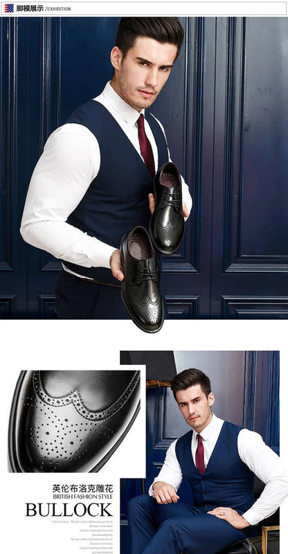 Men's Dress Brogues Elevator Shoes Platform Breathable Casual Business Luxury Genuine Leather Heightening Shoes 6 CM Taller Man