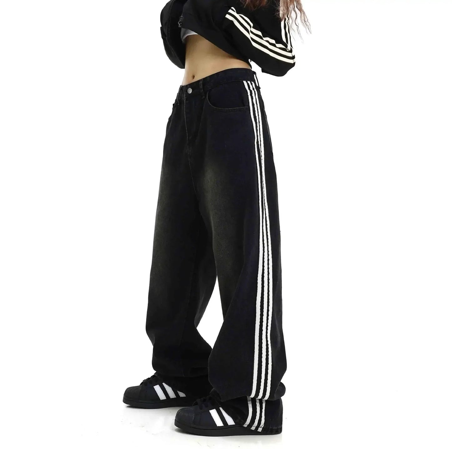 Retro Striped Loose Fit Low Waist Slimming Long Jeans