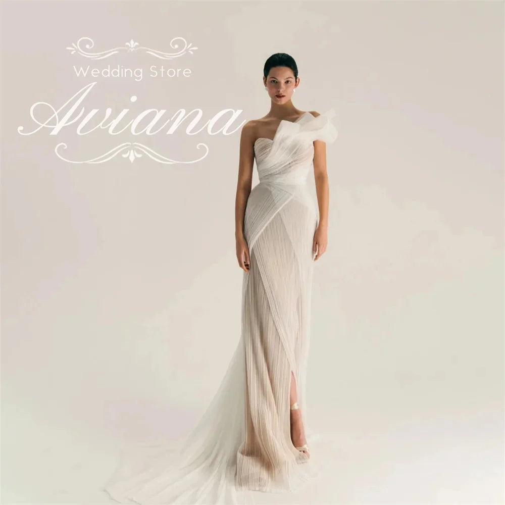 Customized Aviana One Shoulder Ruffled Tulle Sheer Overlay Mermaid Wedding Dress Open Back High Slit Long Train Sleeveless 2025