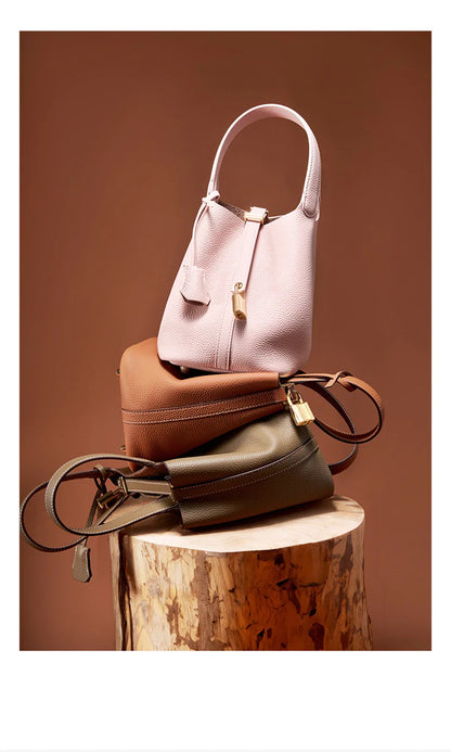 2025 Casual Fashion Female Genuine Leather Bucket Bag Luxury Handbag High-End Tote Bag Woman Cow Leather Mommy Bag & Metal Lock