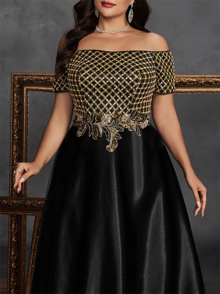 Plus Size Elegant Short Sleeve Sequins Splicing Formal Evening Dresses Women Luxury Party Bridesmaid Cocktail Gowns