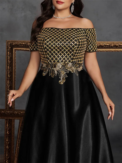 Plus Size Elegant Short Sleeve Sequins Splicing Formal Evening Dresses Women Luxury Party Bridesmaid Cocktail Gowns