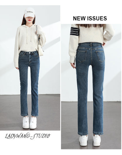 Calça Jeans Feminina Inverno Fleece Quente Reta Slim Elástica Algodão Grosso Quente Denim Moda Roupa Feminina