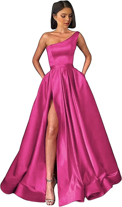 Women's One Shoulder Prom Dresses with Pocket High Slit Pleated Satin Corset Formal Gowns Evening Dress A Line Bridesmaid Gown
