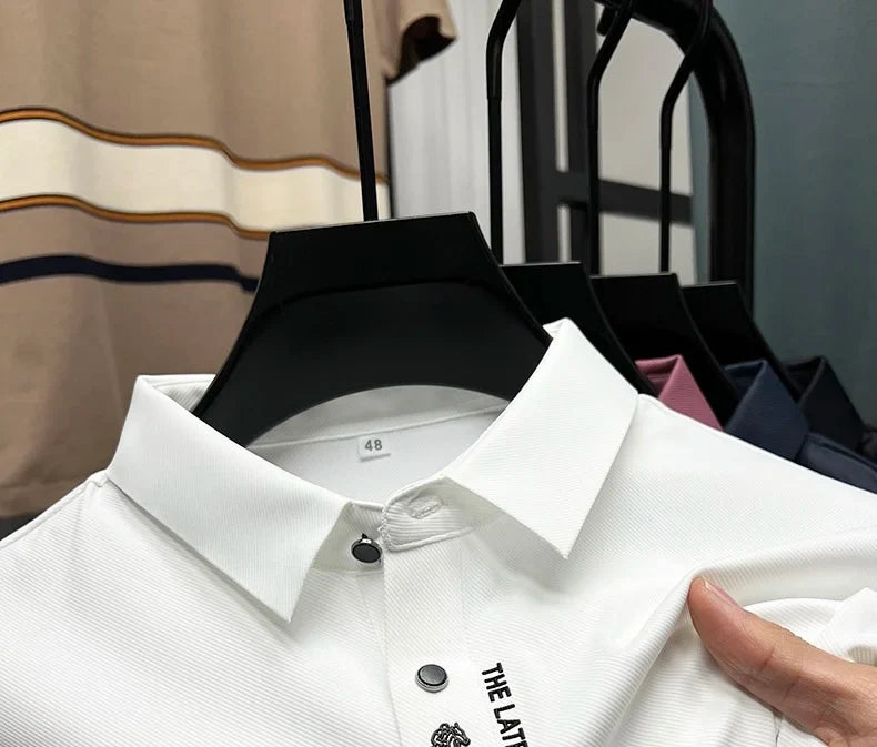 High quality silk breathable short sleeve POLO shirt men's lapel top 2024 summer new light luxury brand printed casual T-shirt