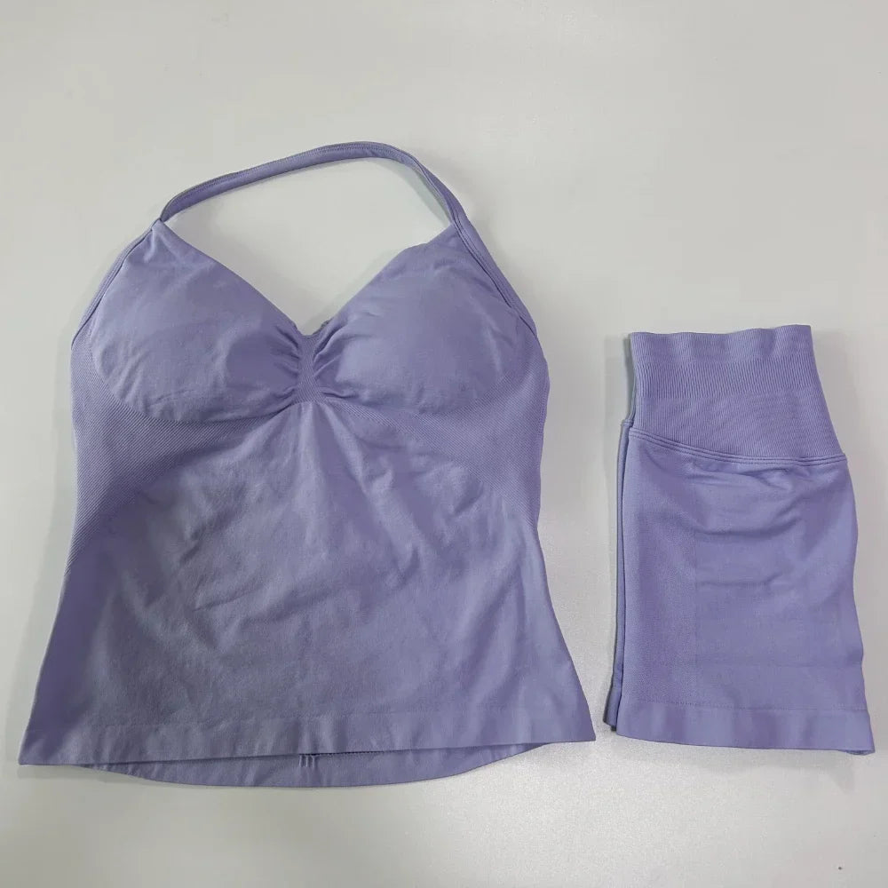 No Logo 2 Pieces Sports Set Workout Clothes Shorts Sets Gym Strappy Top Scrunch Shorts Yoga Clothing Gym Set